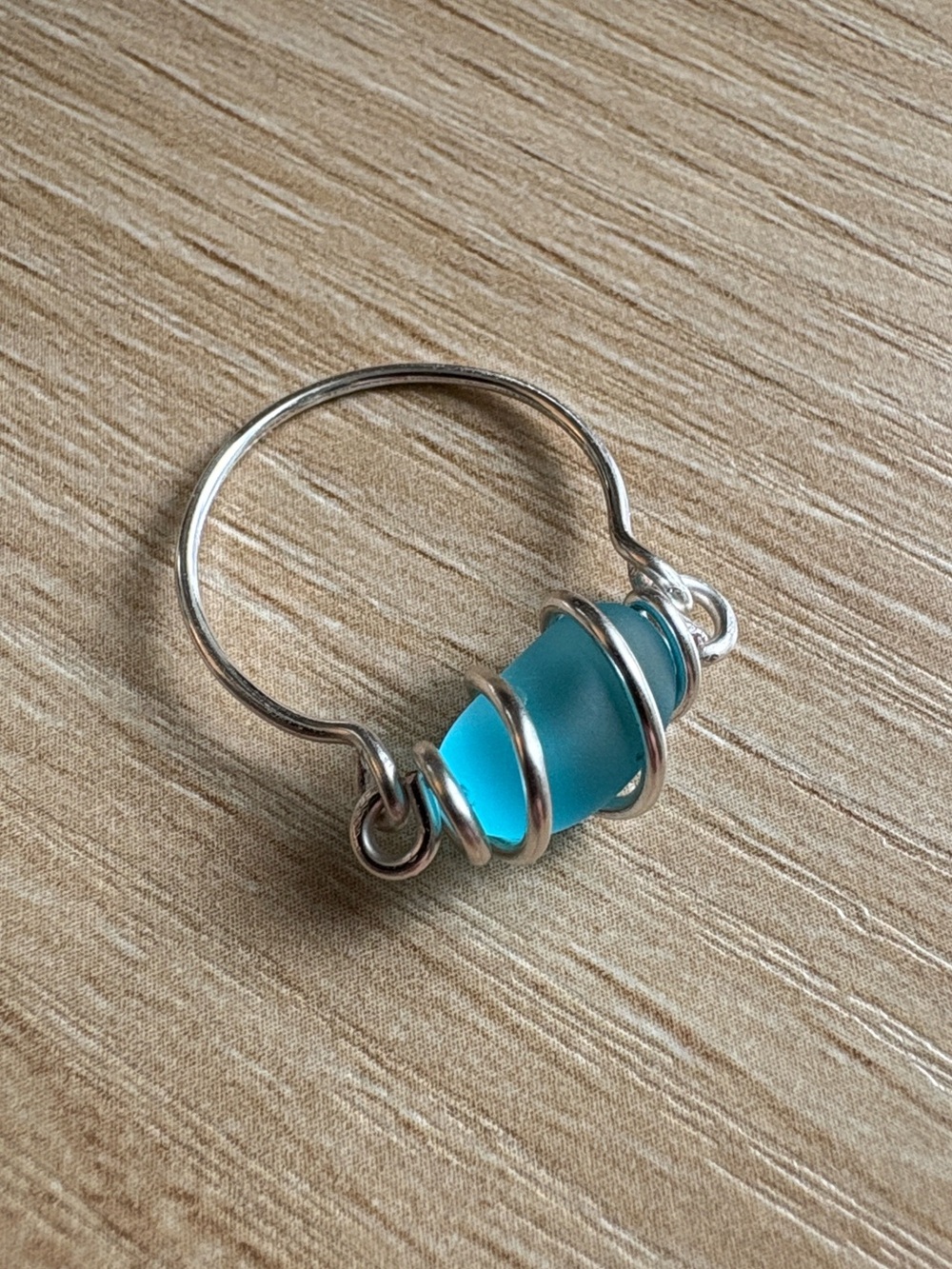 Artisan Hand Crafted Silver Plated  Wire-Wrapped Blue Sea Glass Ring - Size 7.5